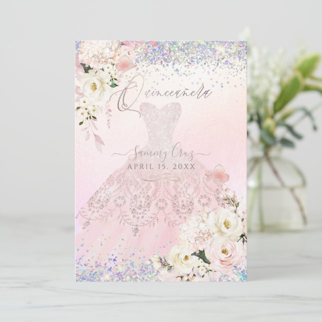 Invitation Quinceanera Holographique Dream Robe rose (Debout devant)