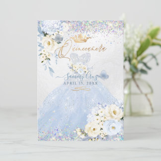 Invitation Quinceanera Holographique Dusty bleu robe d'argent