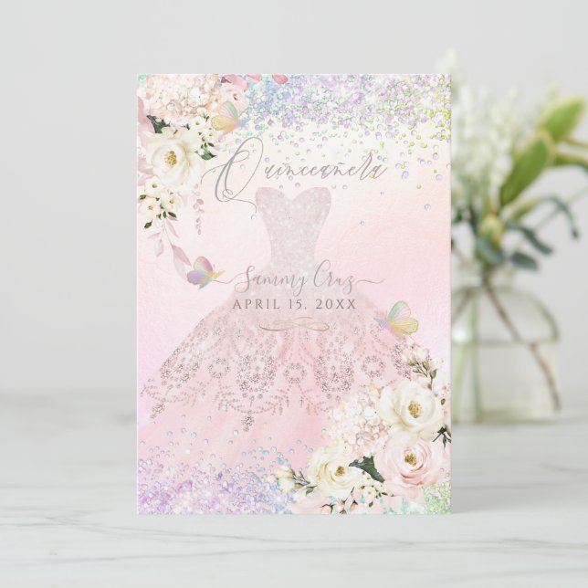 Invitation Quinceanera Holographique Mariposa Robe rose pâle (Debout devant)