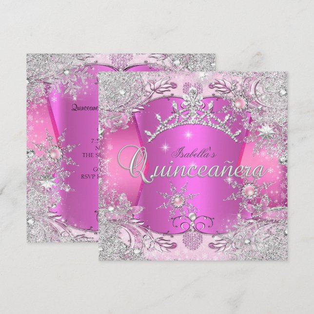 Invitation Quinceanera Hot Pink Winter Wonderland Snowflakes (Devant / Derrière)