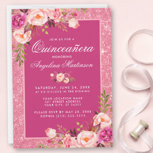 Invitation Quinceanera Hot rose Floral Parties scintillant In