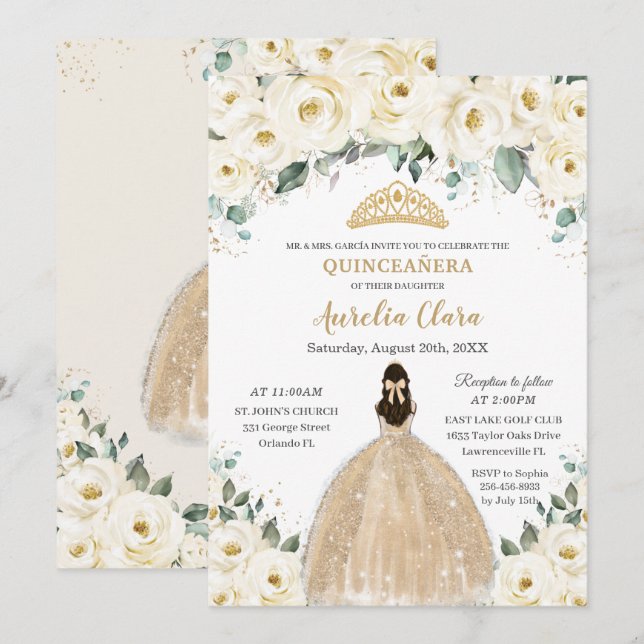 Invitation Quinceañera ivoire Floral Champagne robe Princesse (Devant / Derrière)