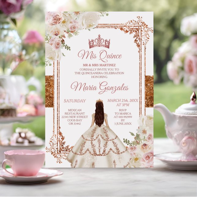 Invitation Quinceanera Ivory Cooper Floral Anniversaire Couro (Créateur téléchargé)