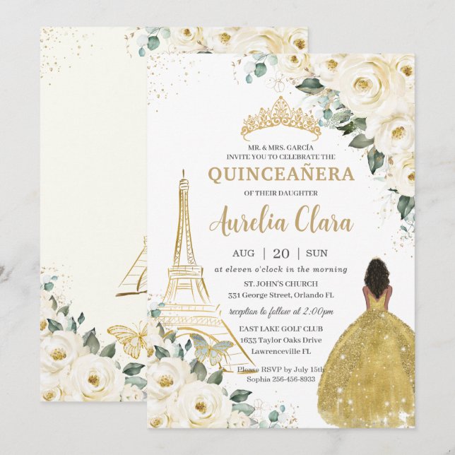 Invitation Quinceañera Ivory Floral Paris Gold Brown Princess (Devant / Derrière)