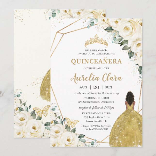 Invitation Quinceañera Ivory White Floral Gold Brown Princess (Devant / Derrière)