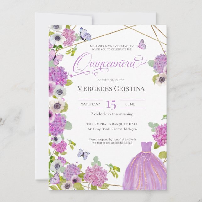Invitation Quinceañera jardin de printemps fête des papillons (Devant)