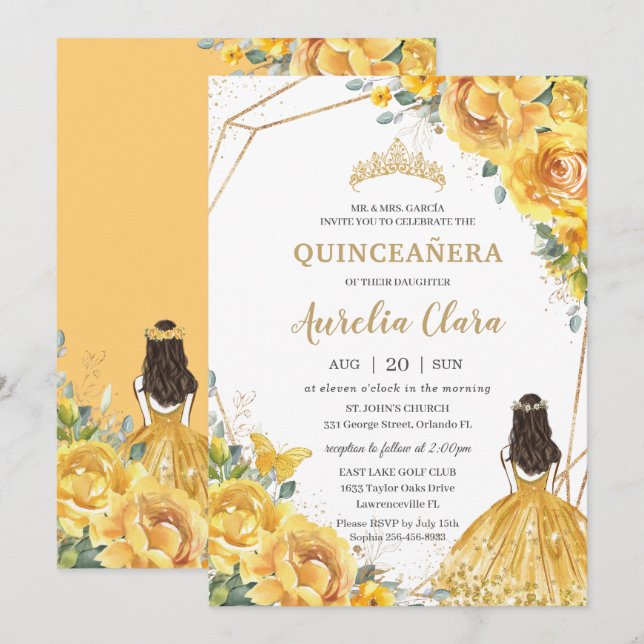 Invitation Quinceañera Jaune Floral Gold Princess 15 Anos En (Devant / Derrière)