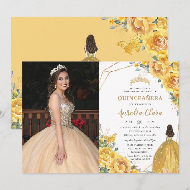 Invitation Quinceañera Jaune Floral Princess Crown Anniversai (Devant / Derrière)