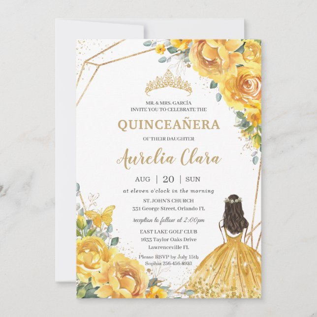 Invitation Quinceañera Jaune Floral Rose Princesse Anniversai (Devant)