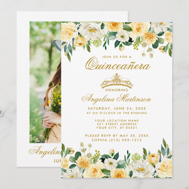 Invitation Quinceanera Jaune Or Blanc Floral Couronne Photo (Devant / Derrière)