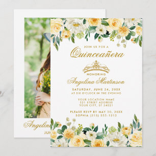 Invitation Quinceanera Jaune Or Blanc Floral Couronne Photo