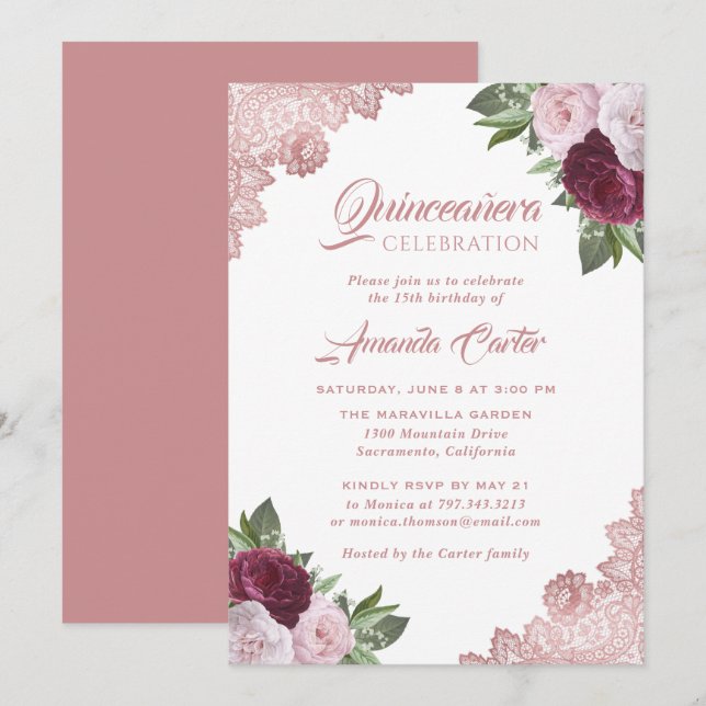 Invitation Quinceañera, la florale de l'or Rose 15e anniversa (Devant / Derrière)