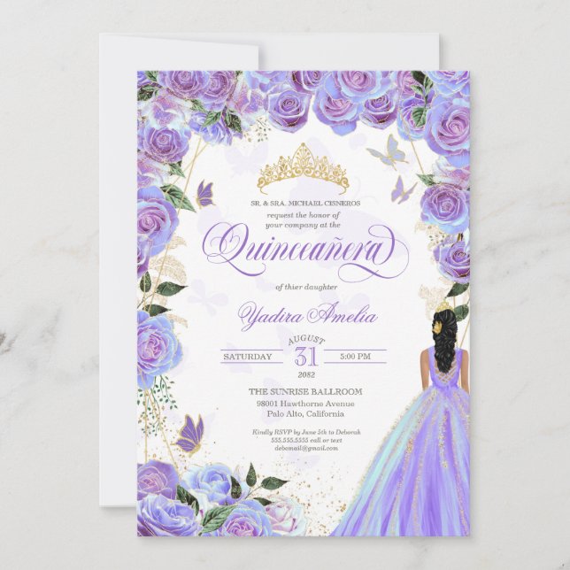 Invitation Quinceanera Lavande Purple Élégant Papillon Inv (Devant)