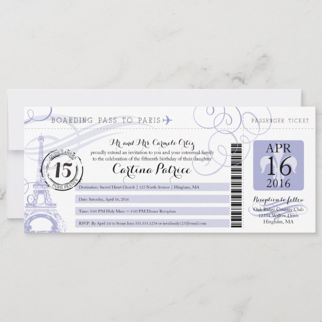 Invitation Quinceanera Lavender | Paris Embarquement Pass (Devant)