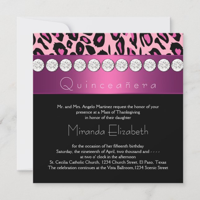 Invitation Quinceanera léopard rose chaud (Devant)