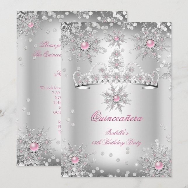 Invitation Quinceanera Light Rose Silver Winter Wonderland (Devant / Derrière)