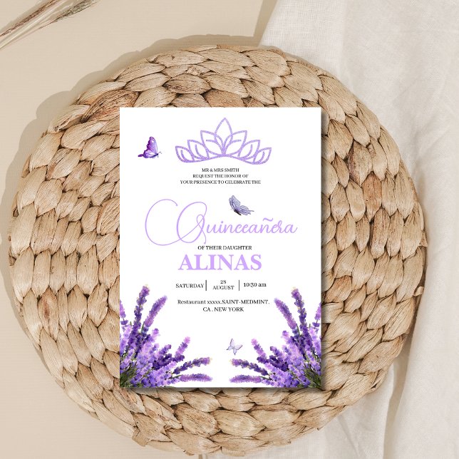Invitation Quinceañera Lilac couronne florale Tiara & papillo (Créateur téléchargé)