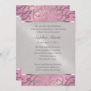 Invitation Quinceanera Lilac Flèches roses et argentées en fi