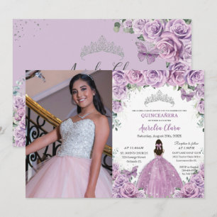 Invitation Quinceañera Lilac Fleurs pourpres Papillons Couron