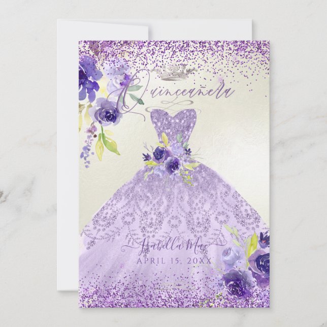 Invitation Quinceanera Lilac Purple Silver Parties scintillan (Devant)