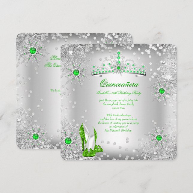 Invitation Quinceanera Lime Green Silver Winter Wonderland (Devant / Derrière)
