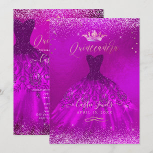 Invitation Quinceanera Magenta Gold Confetti+Princesse