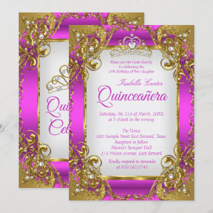 Invitation Quinceanera Magenta Golden Pearl Tiara Party