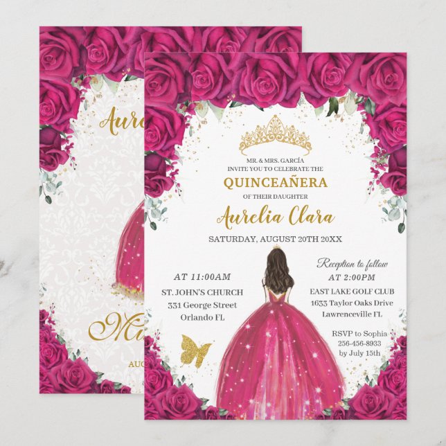 Invitation Quinceañera Magenta Hot rose Floral Princesse Or (Devant / Derrière)