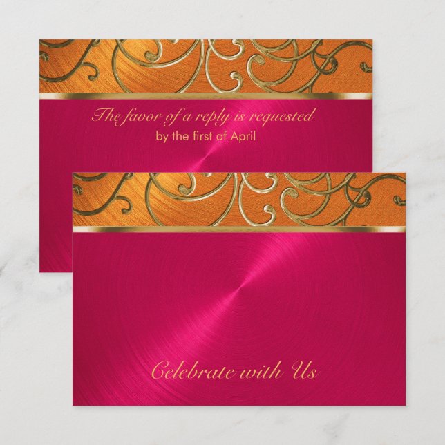 Invitation Quinceanera Magenta Rose Orange Gold Filigree (Devant / Derrière)