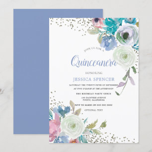 Invitation Quinceanera magique : Fleurs étincelantes bleues à