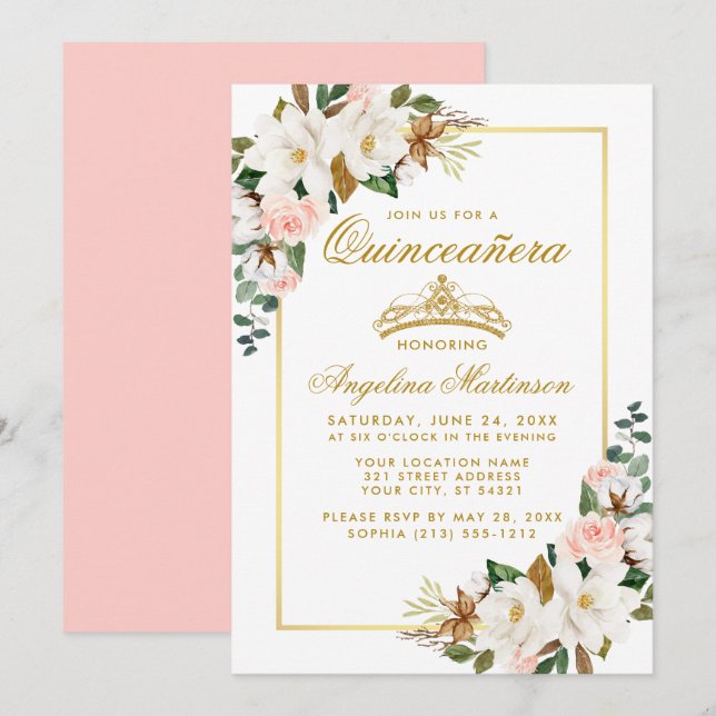 Invitation Quinceanera Magnolia Roses roses roses roses flora (Devant / Derrière)