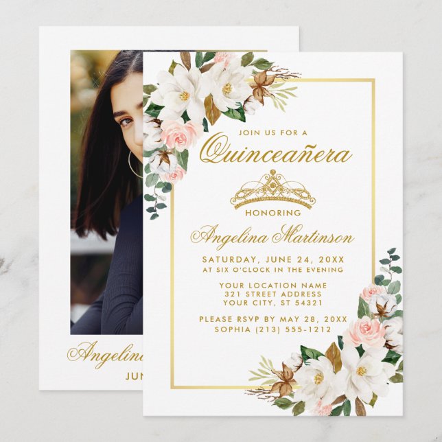 Invitation Quinceanera Magnolias Rose Floral Gold Photo (Devant / Derrière)