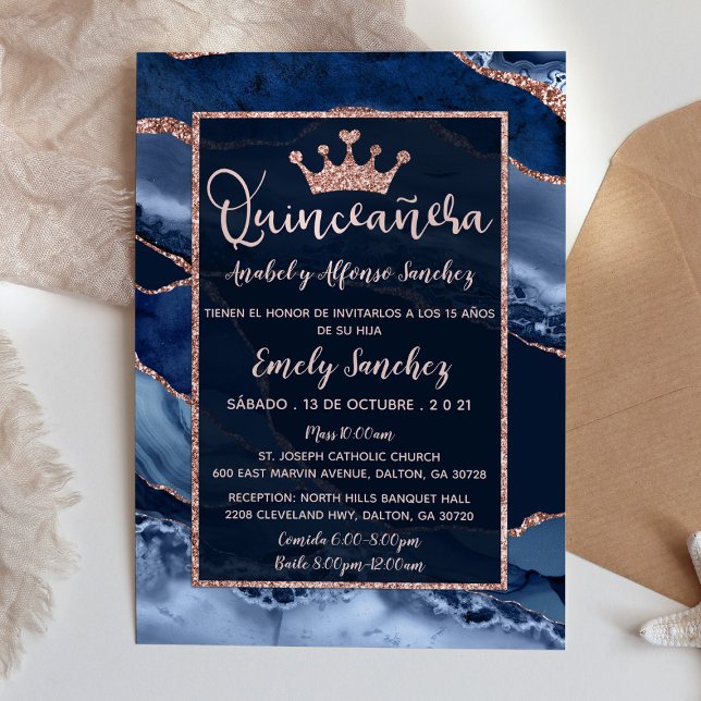 Invitation Quinceañera Marbre Agate Marine Bleu Photo Espagno (Créateur téléchargé)