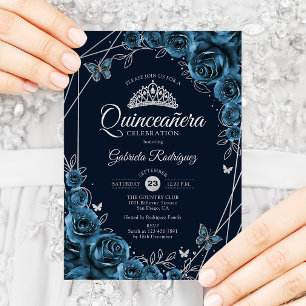 Invitation Quinceanera Marine Bleu Argent Floral
