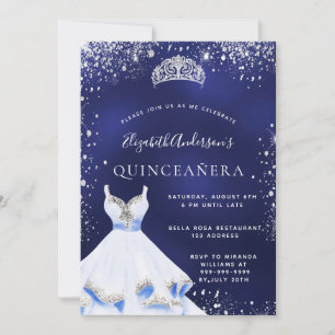 Invitation Quinceanera marine bleu argent parties scintillant