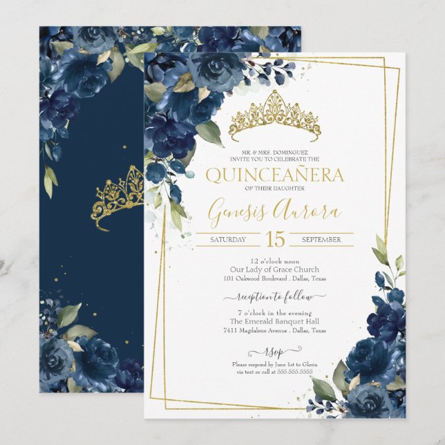 Invitation Quinceañera Marine Bleu Elégant Aquarelle Floral E (Devant / Derrière)