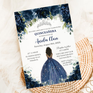 Invitation Quinceañera Marine Bleu Floral Argent Brown Prince