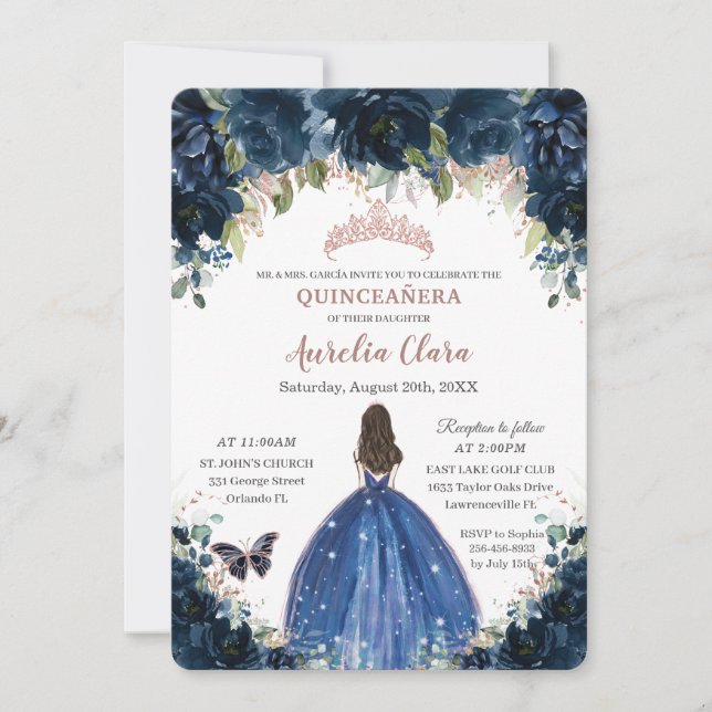 Invitation Quinceañera Marine bleu Floral Princesse Rose or (Devant)