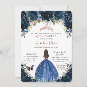 Invitation Quinceañera Marine bleu Floral Princesse Rose or