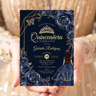 Invitation Quinceanera Marine Bleu Papillon Or Robe Florale