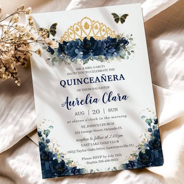 Invitation Quinceañera Marine Blue Floral Papillons Couronne (Créateur téléchargé)