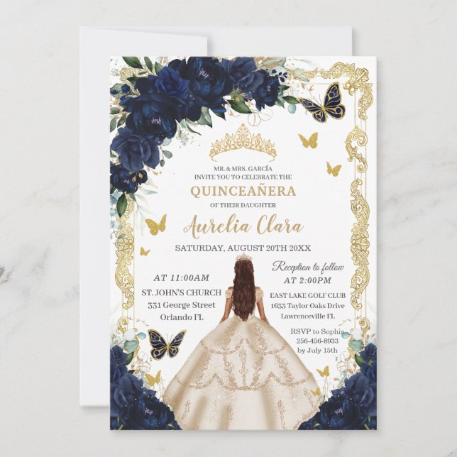 Invitation Quinceañera Marine Floral Champagne Gold Princess (Devant)