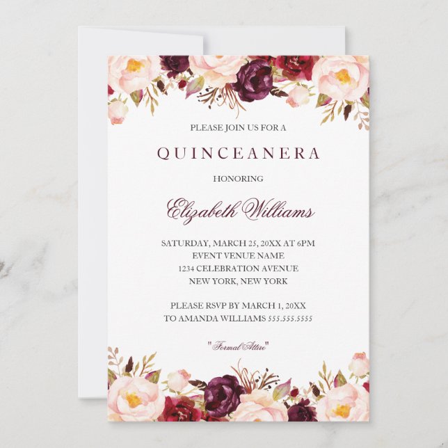 Invitation Quinceanera Marsala Floral Rouge Bourgogne 15e (Devant)