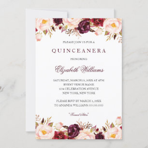Invitation Quinceanera Marsala Floral Rouge Bourgogne 15ème