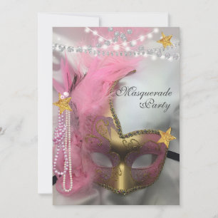 Invitation Quinceanera Mascarade Paillettes Dorées Perles Ros