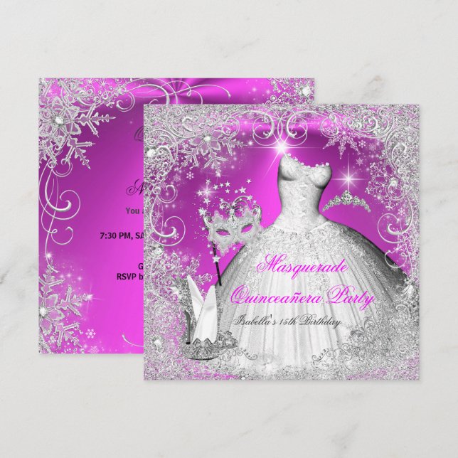 Invitation Quinceanera Masquerade Flèches blanches roses (Devant / Derrière)