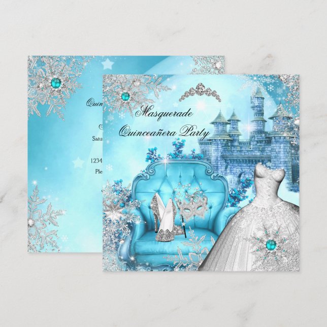Invitation Quinceanera Masquerade Magie Princesse Bleu Turquo (Devant / Derrière)