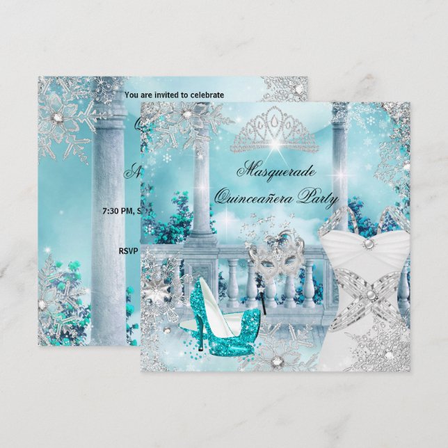 Invitation Quinceanera Masquerade Magique Princesse Bleue 3 (Devant / Derrière)
