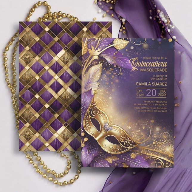 Invitation Quinceanera Masquerade Purple Gold ID1031 (Créateur téléchargé)