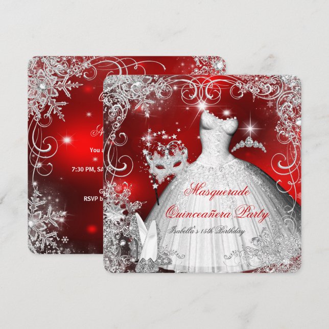 Invitation Quinceanera Masquerade Rouge Blanc Snowflakes 2 (Devant / Derrière)